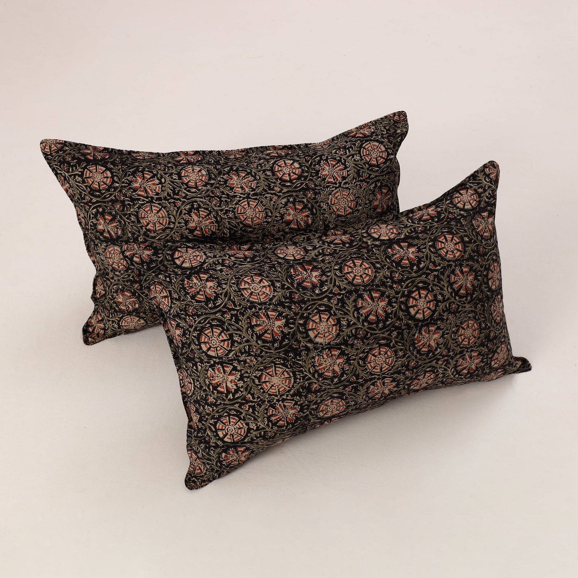 Black - Set of 2 Kalamkari Block Print Cotton Pillow Covers 35