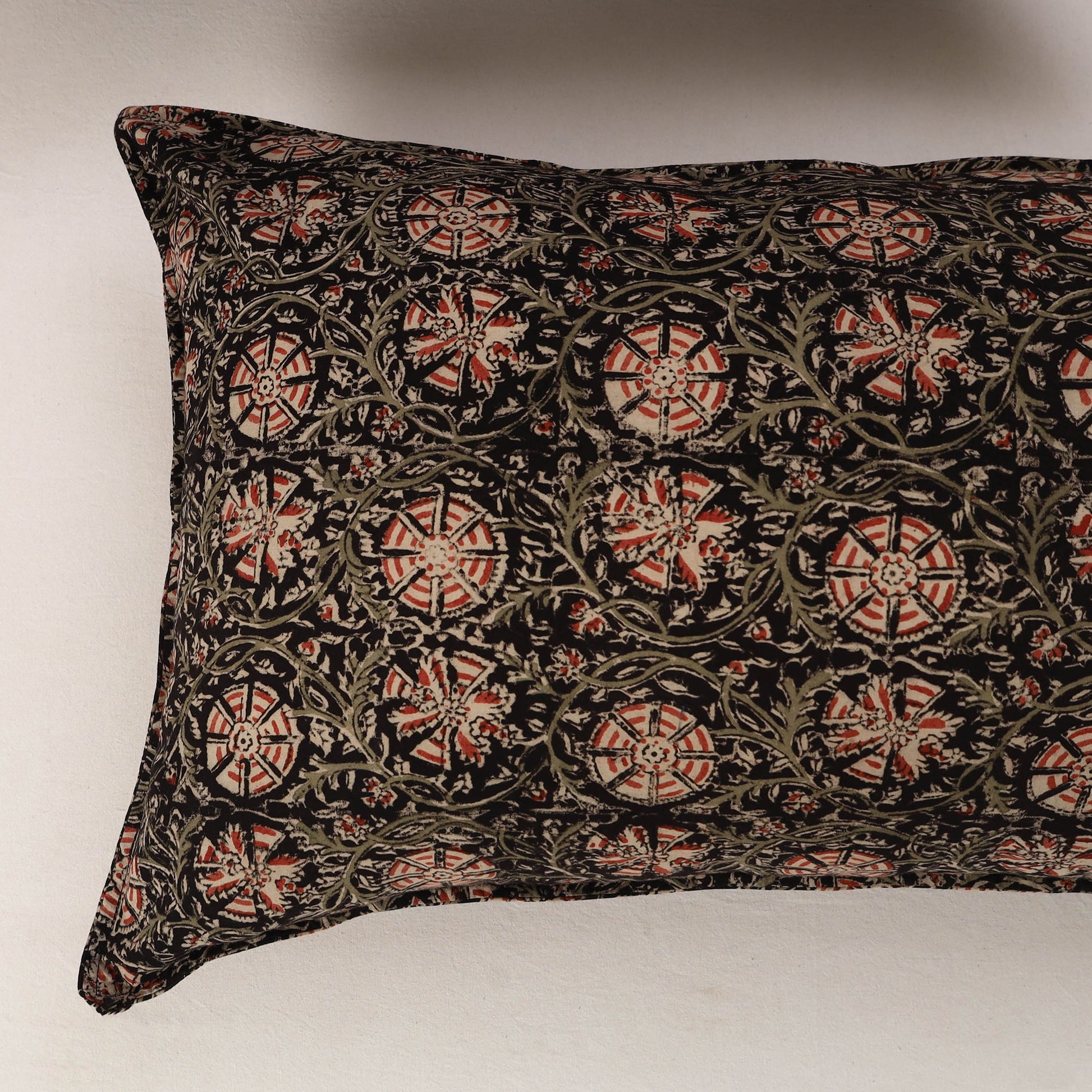 Black - Set of 2 Kalamkari Block Print Cotton Pillow Covers 35