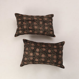 Black - Set of 2 Kalamkari Block Print Cotton Pillow Covers 35