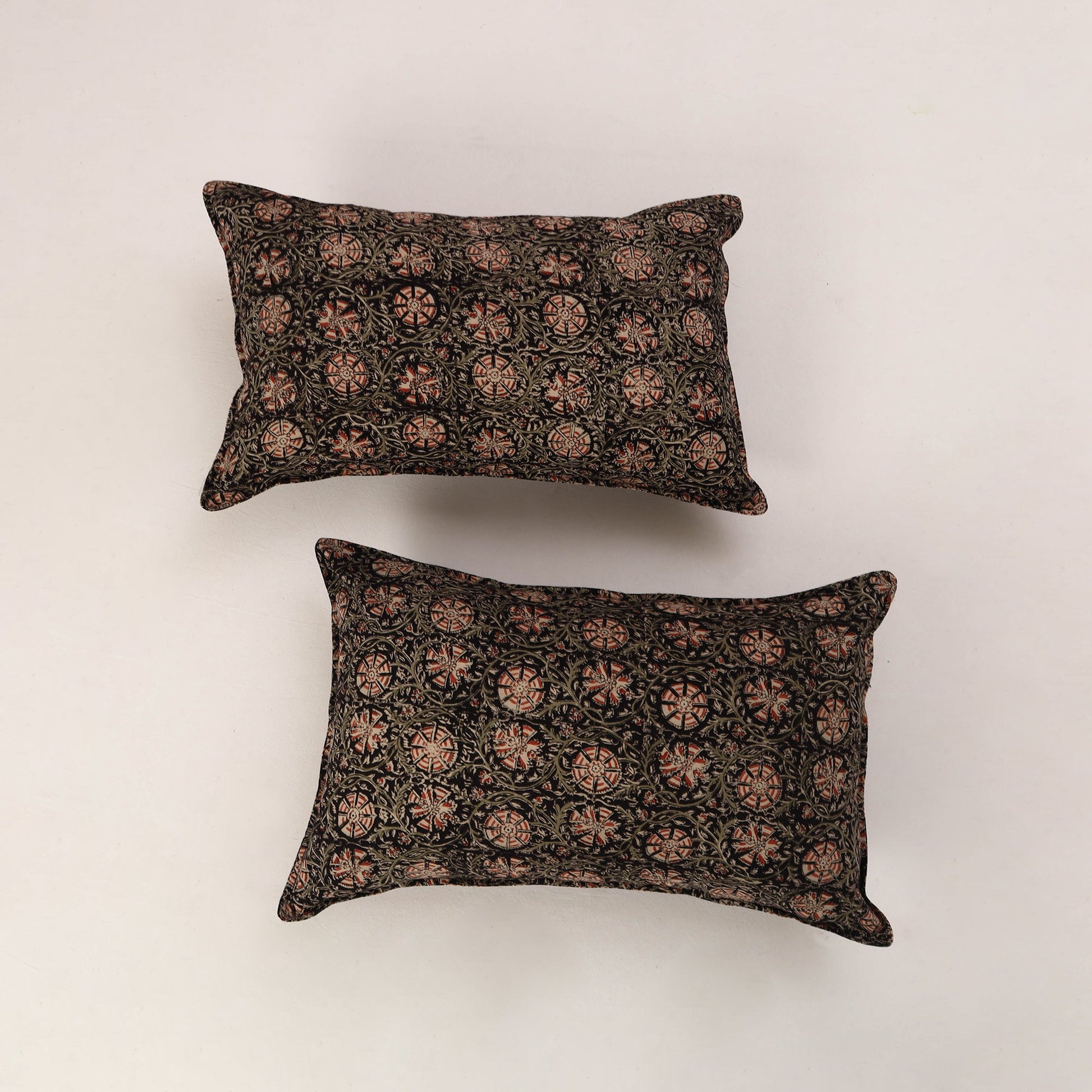 Black - Set of 2 Kalamkari Block Print Cotton Pillow Covers 35