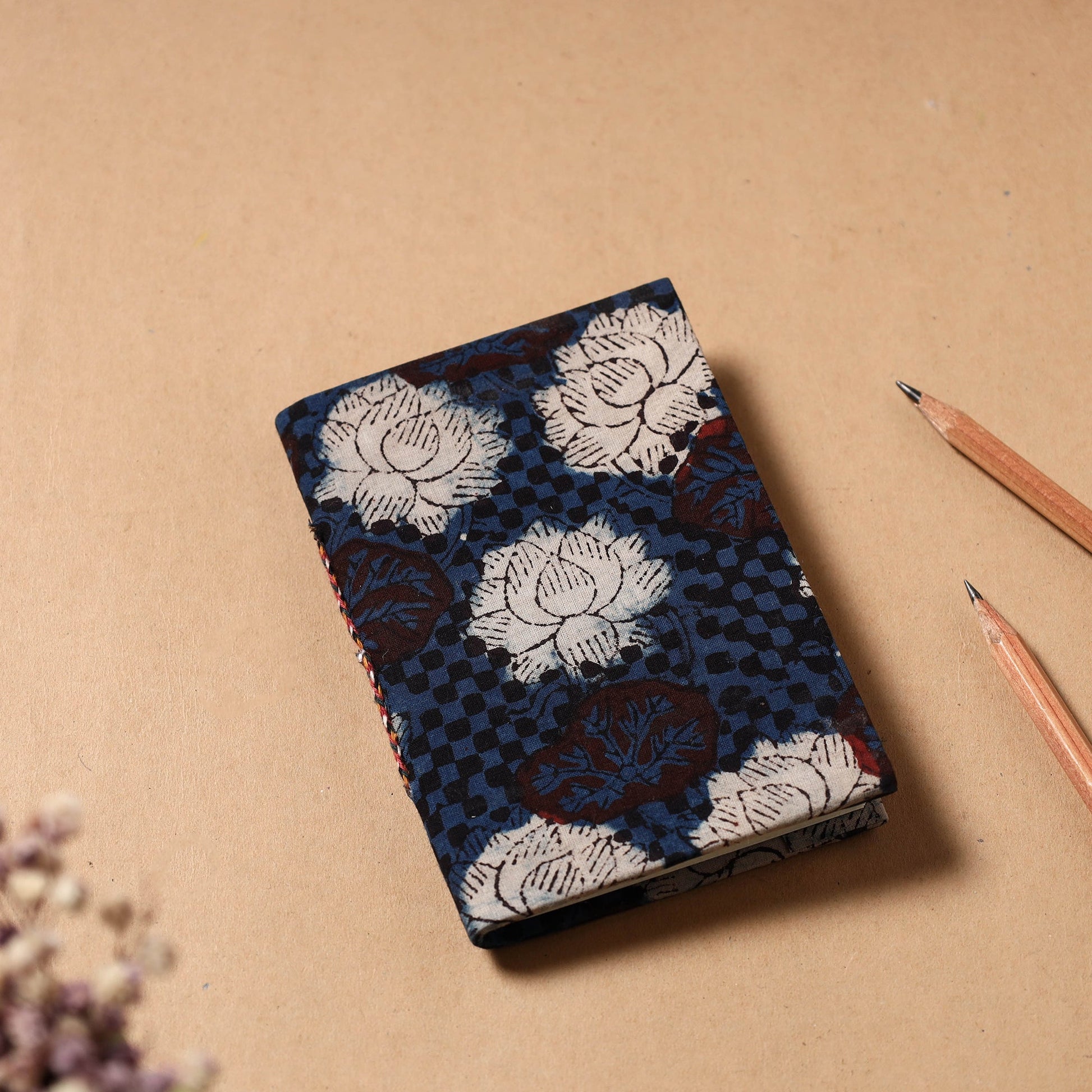 Blue - Bagru Fabric Cover Handmade Paper Notebook (5 x 3.5 in)