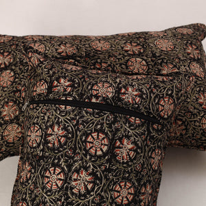 Black - Set of 2 Kalamkari Block Print Cotton Pillow Covers 35