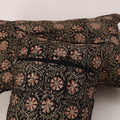 Black - Set of 2 Kalamkari Block Print Cotton Pillow Covers 35