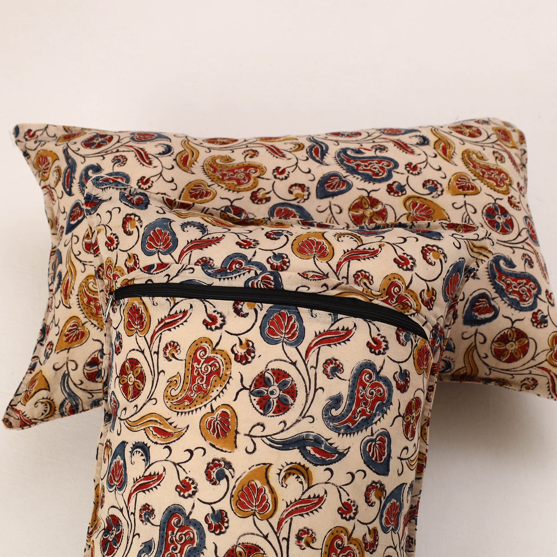 Beige - Set of 2 Kalamkari Block Print Cotton Pillow Covers 41