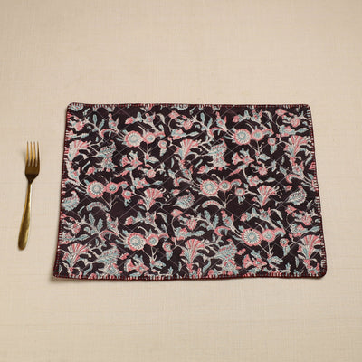 Black - Hand Embroidered Floral Cotton Reversible Table Mat 08