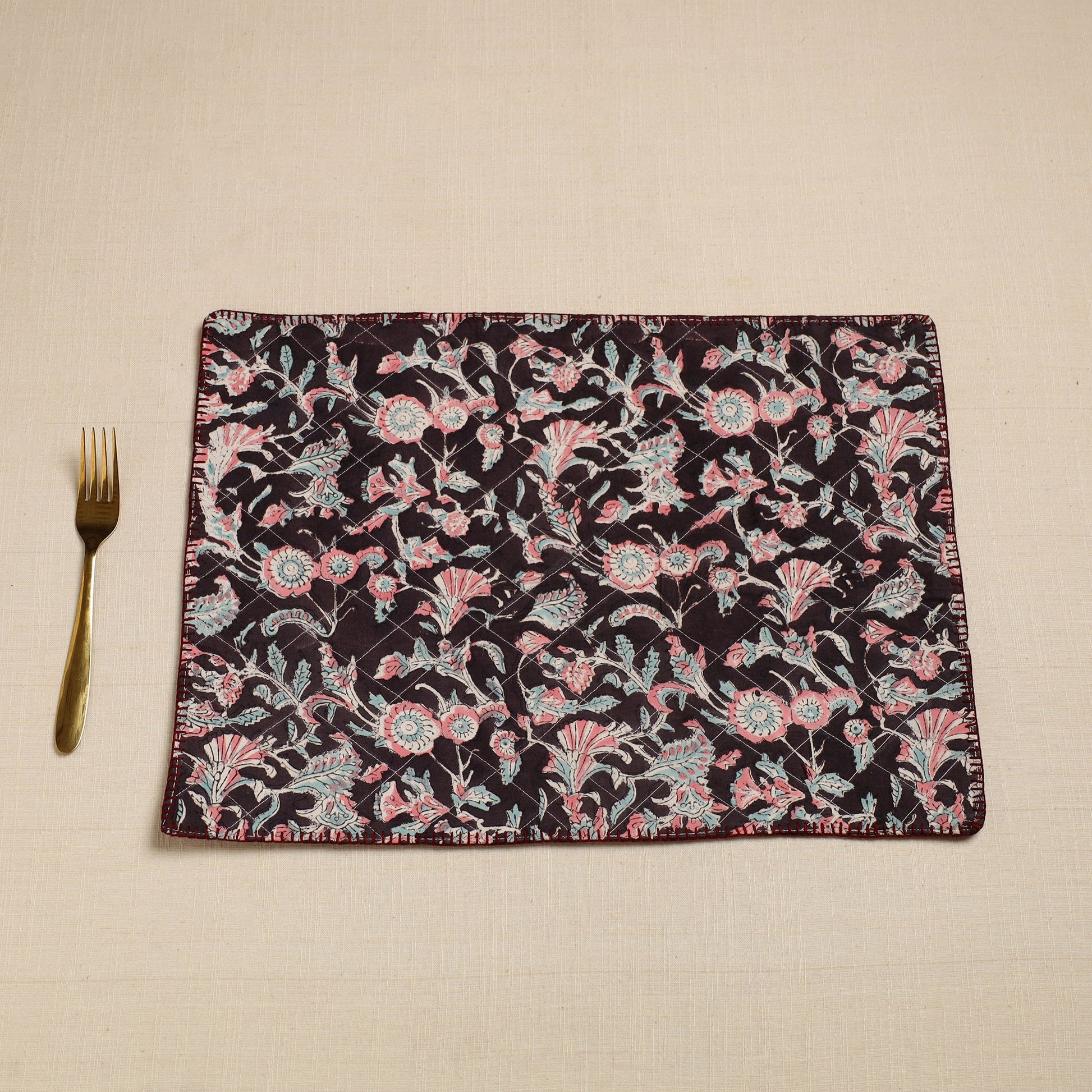Black - Hand Embroidered Floral Cotton Reversible Table Mat 08