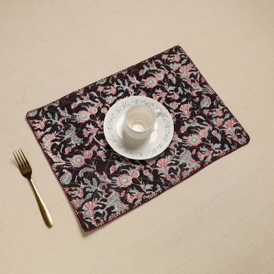 Black - Hand Embroidered Floral Cotton Reversible Table Mat 08