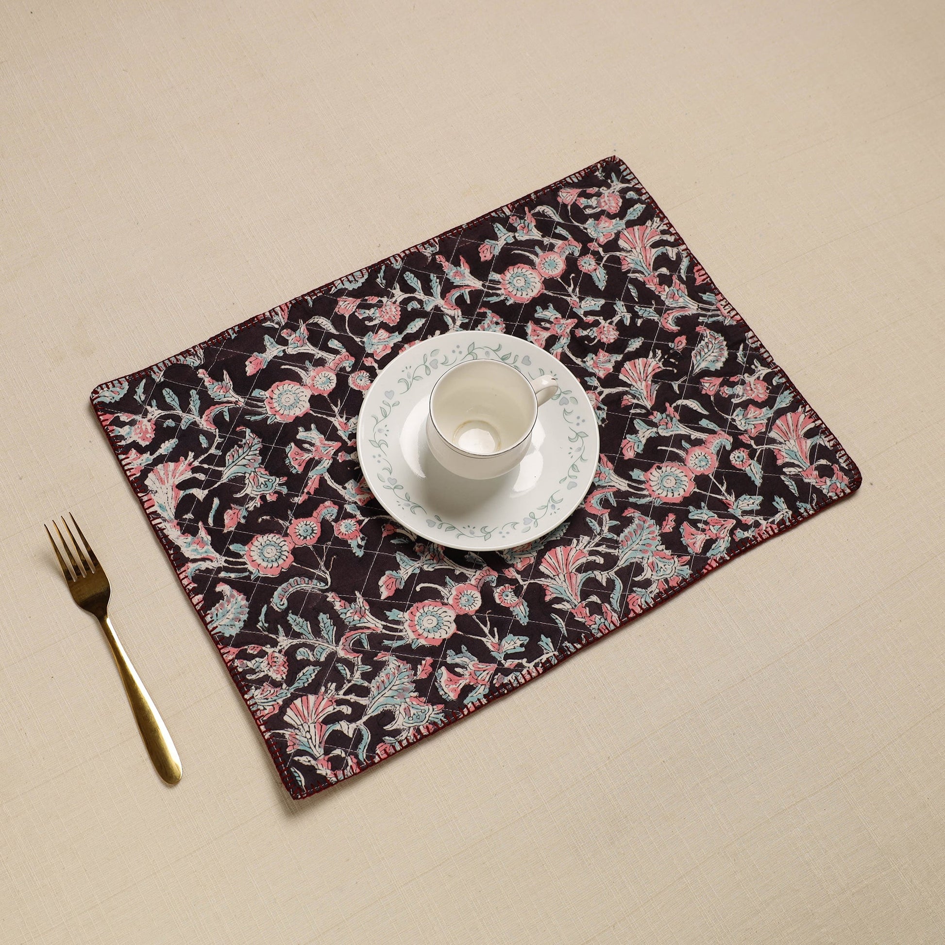 Black - Hand Embroidered Floral Cotton Reversible Table Mat 08