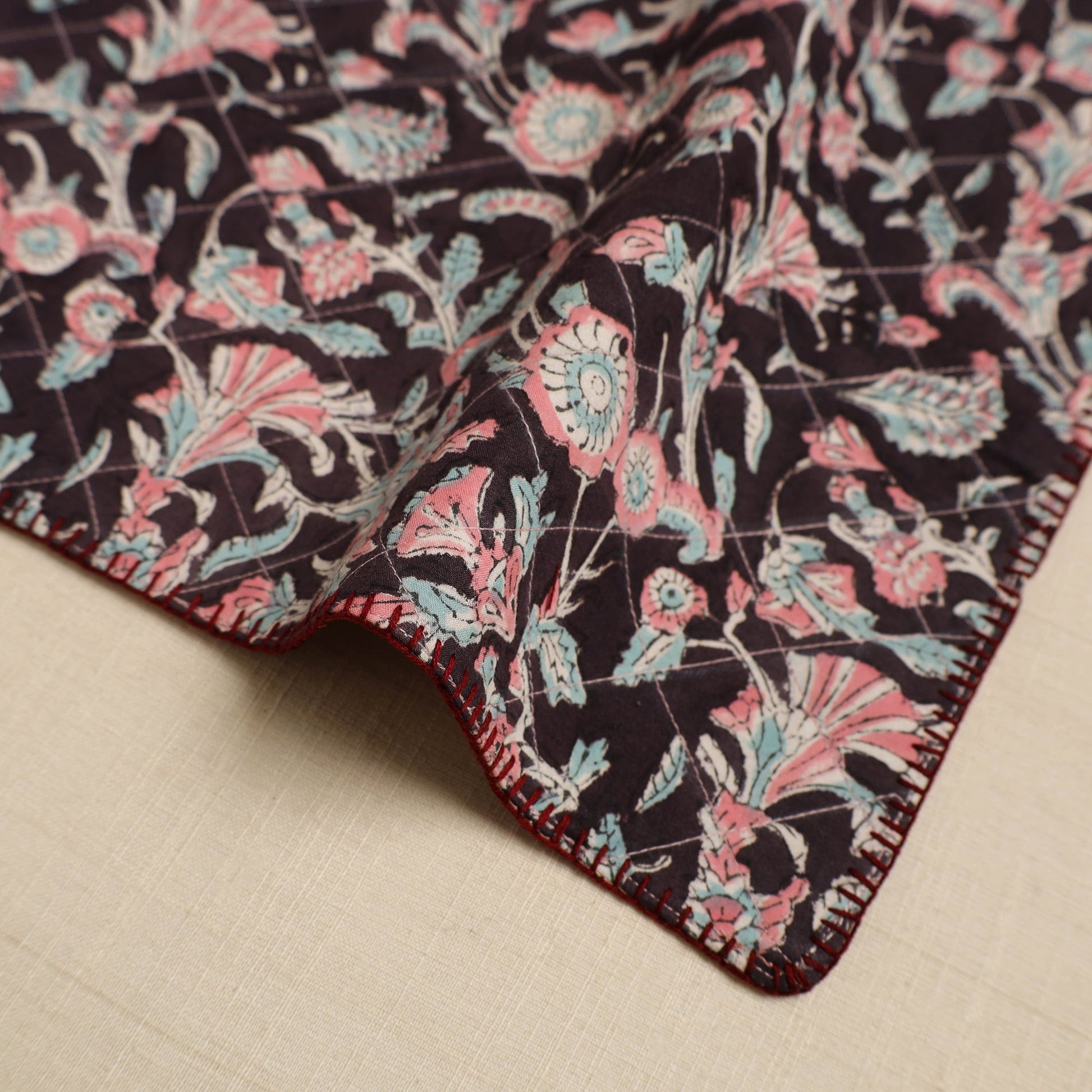 Black - Hand Embroidered Floral Cotton Reversible Table Mat 08