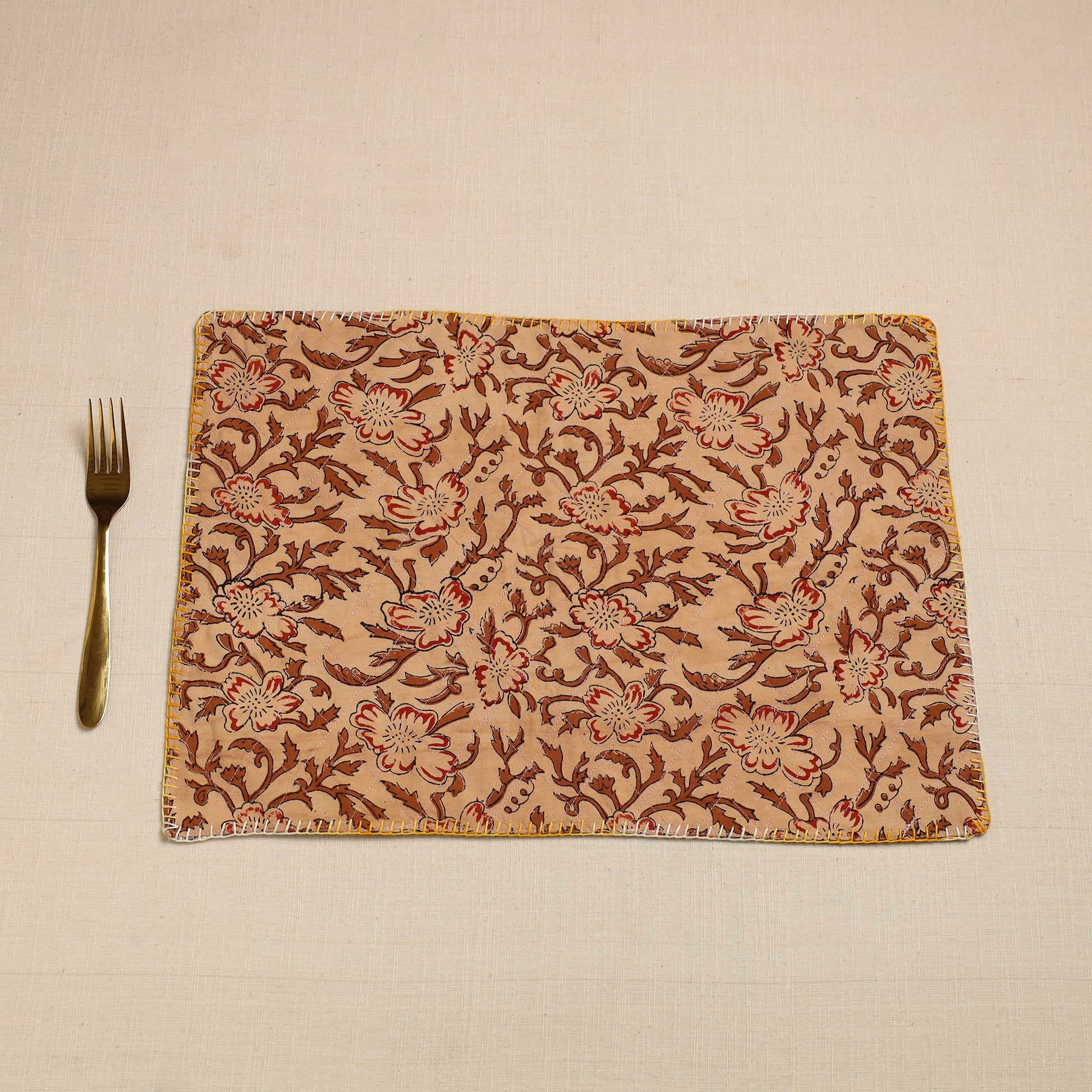 Brown - Hand Embroidered Floral Cotton Reversible Table Mat 09