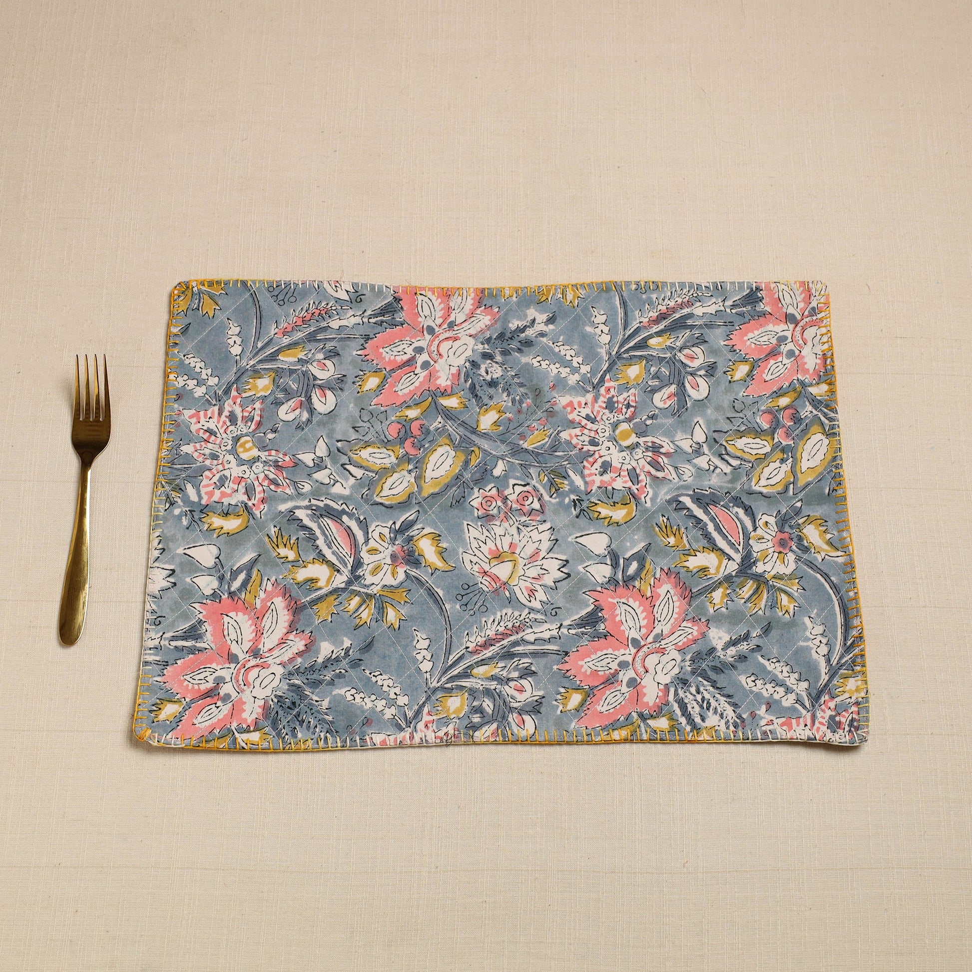 Brown - Hand Embroidered Floral Cotton Reversible Table Mat 09