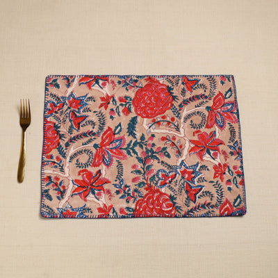 Beige - Hand Embroidered Floral Cotton Reversible Table Mat 17