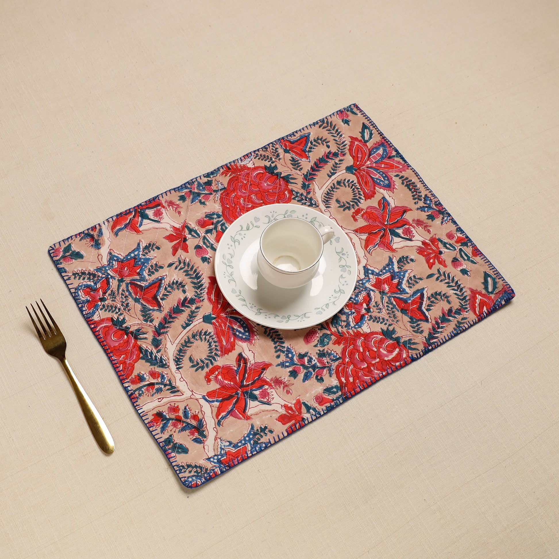Beige - Hand Embroidered Floral Cotton Reversible Table Mat 17