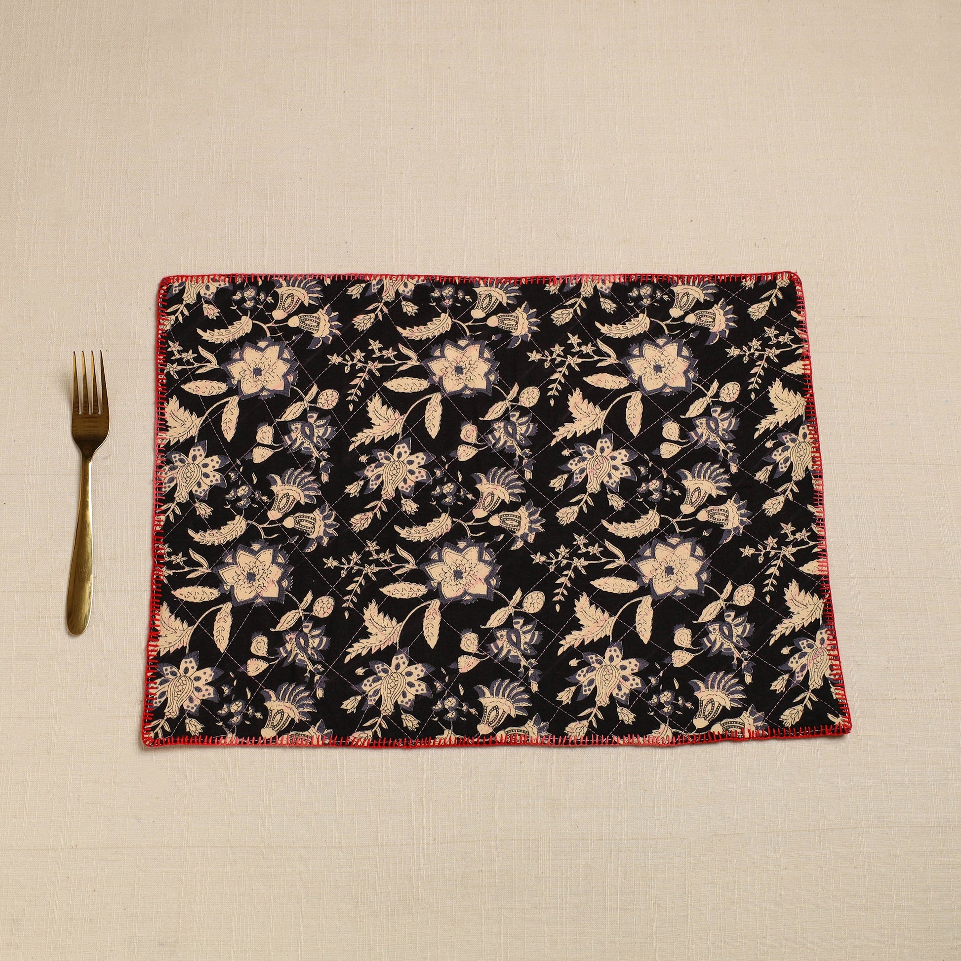 Black - Hand Embroidered Floral Cotton Reversible Table Mat 20