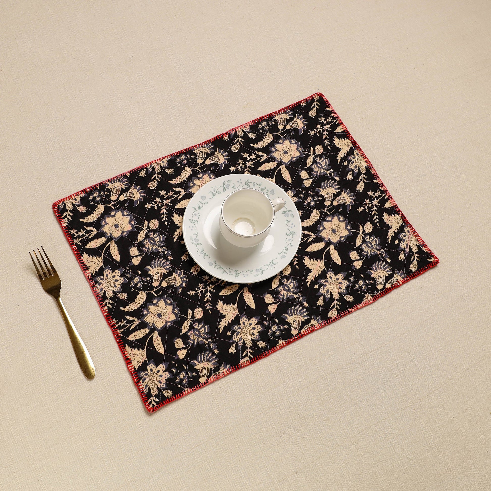 Black - Hand Embroidered Floral Cotton Reversible Table Mat 20