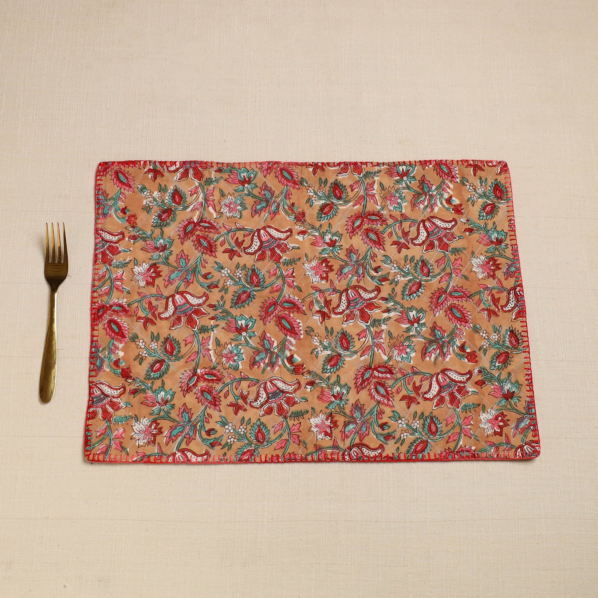 Brown - Hand Embroidered Floral Cotton Reversible Table Mat 24
