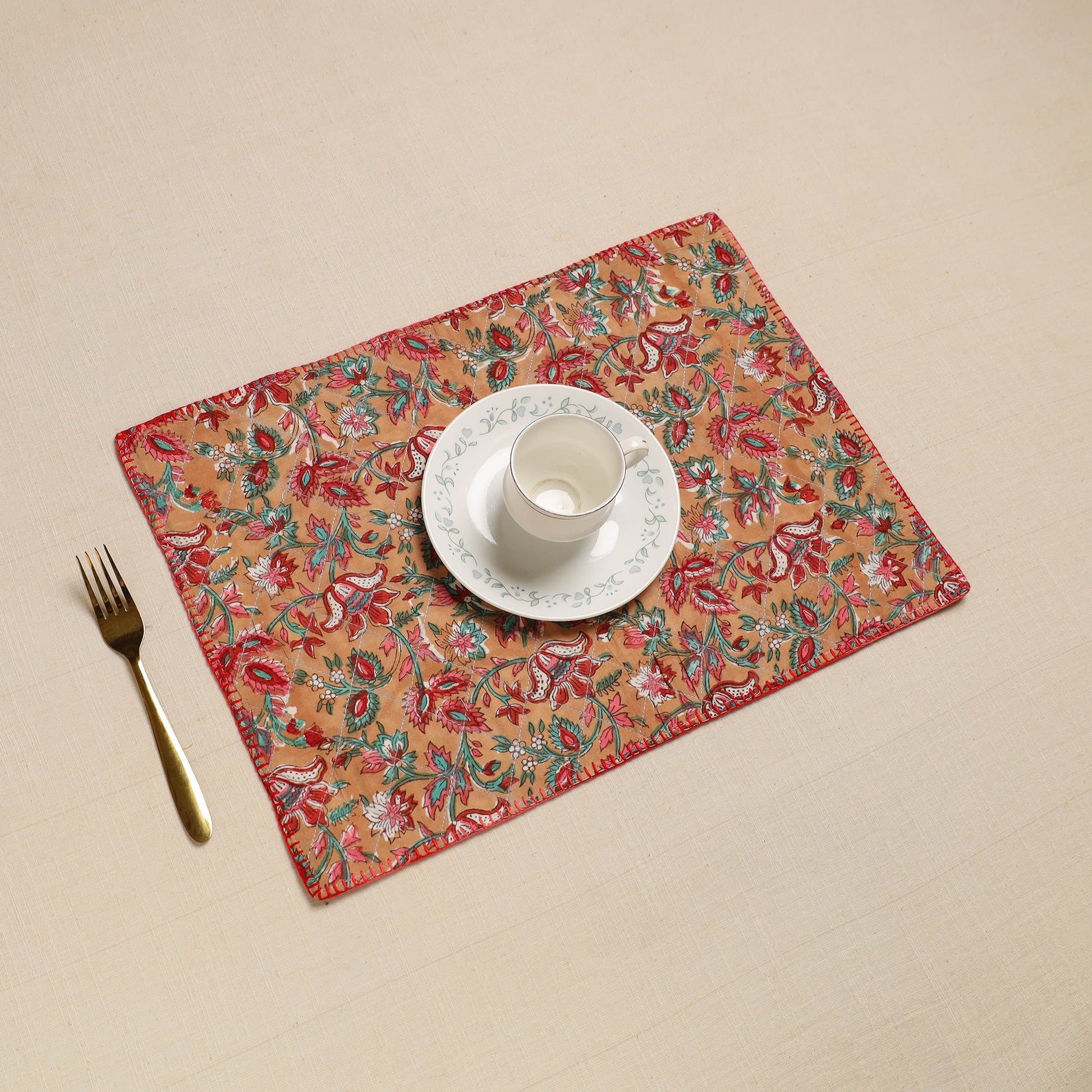 Brown - Hand Embroidered Floral Cotton Reversible Table Mat 24