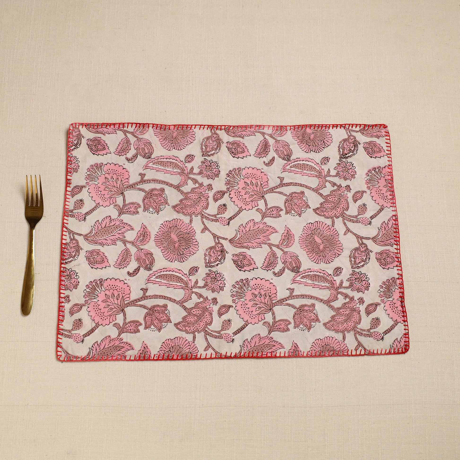 Brown - Hand Embroidered Floral Cotton Reversible Table Mat 24