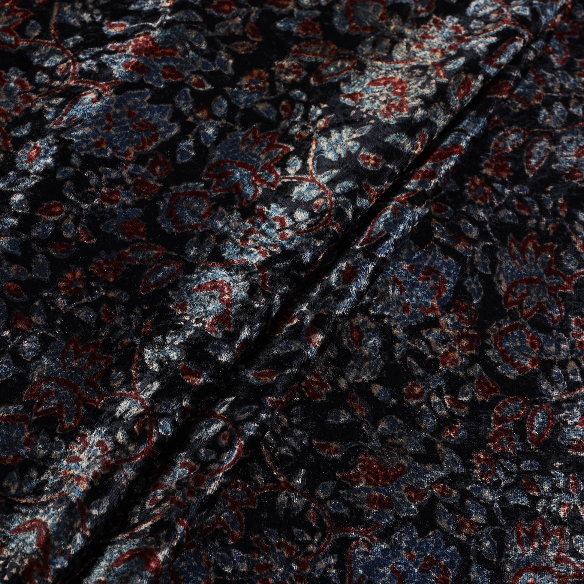 Black - Block Printed Velvet Natural Dyed Ajrakh Fabric 11