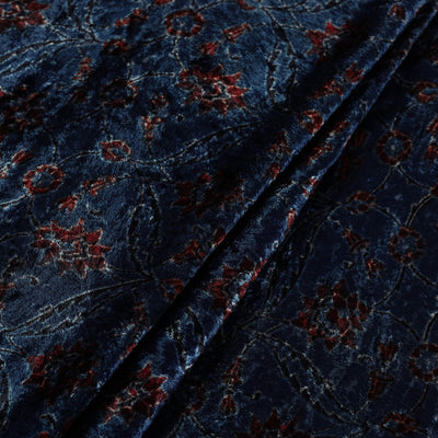Blue - Block Printed Velvet Natural Dyed Ajrakh Fabric 08