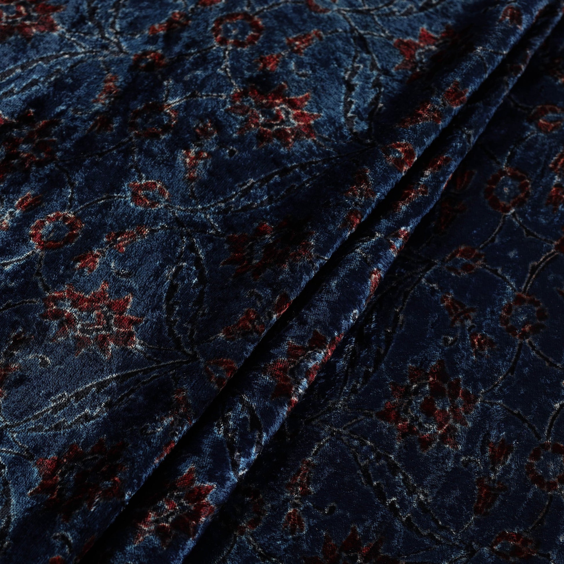 Blue - Block Printed Velvet Natural Dyed Ajrakh Fabric 08