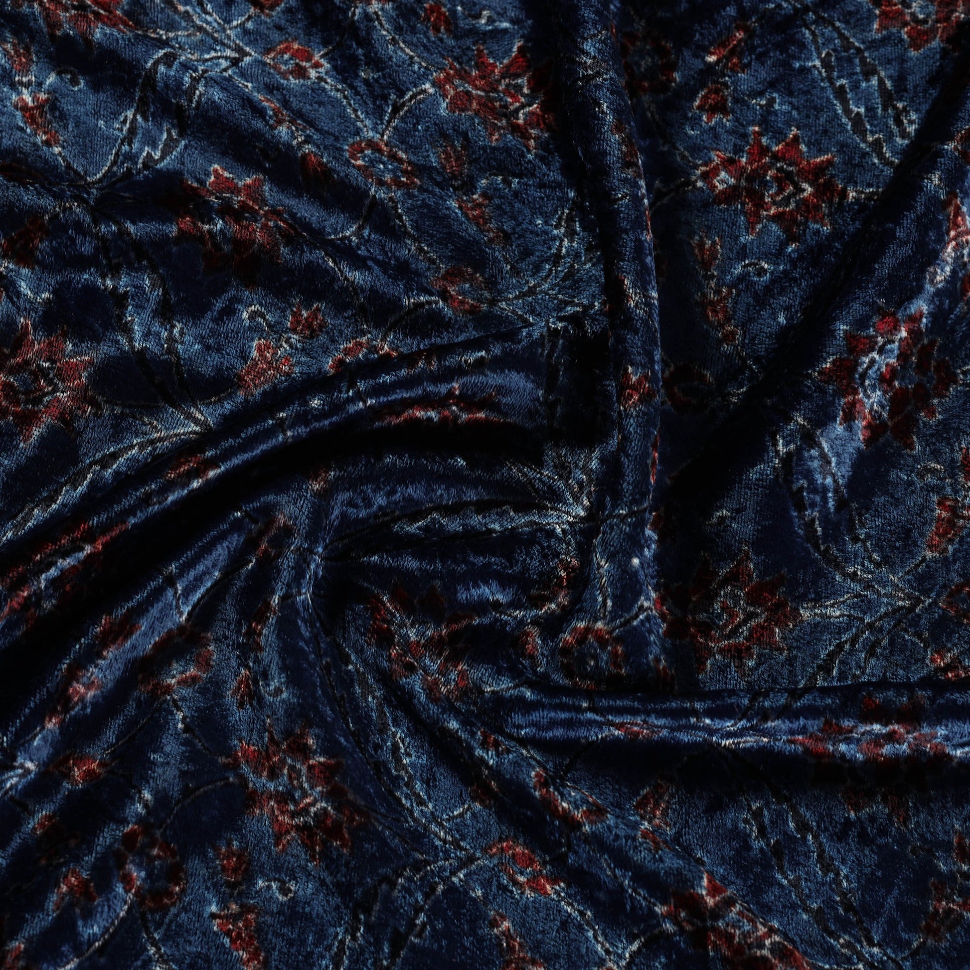 Blue - Block Printed Velvet Natural Dyed Ajrakh Fabric 08