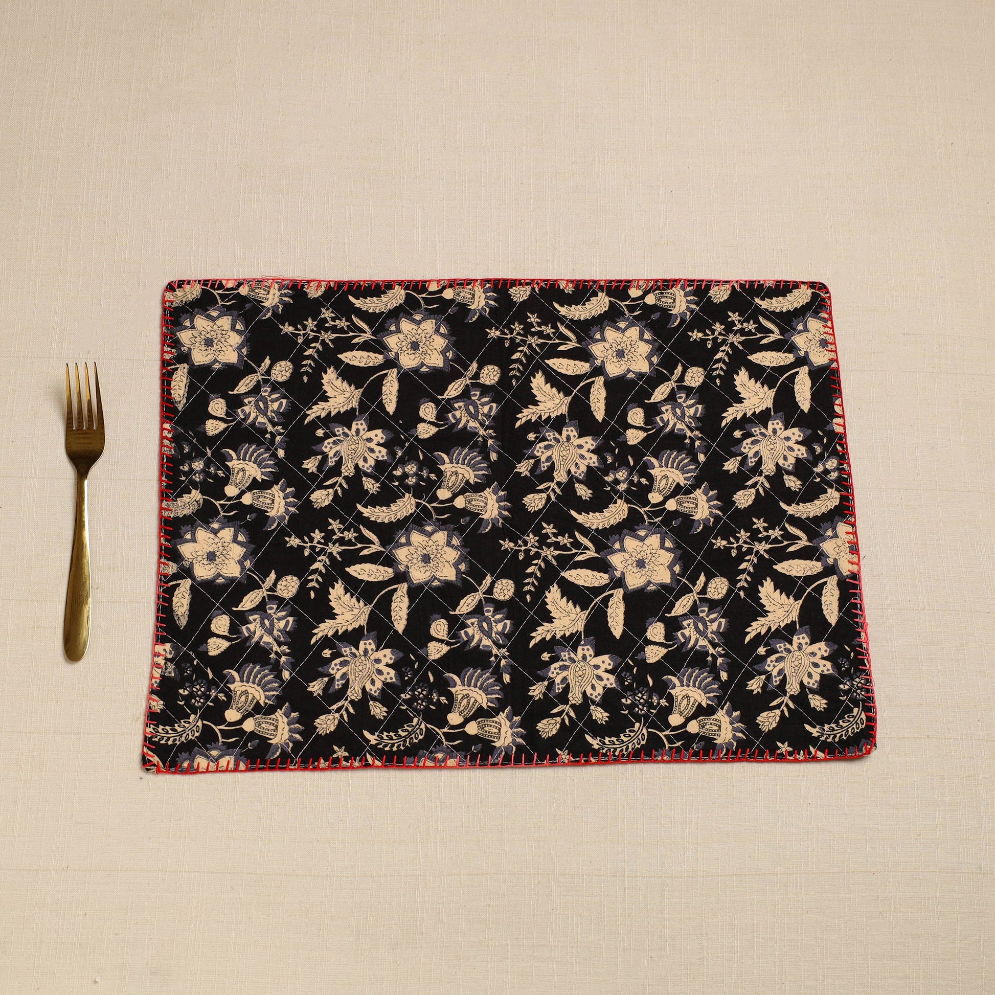 Black - Hand Embroidered Floral Cotton Reversible Table Mat 32