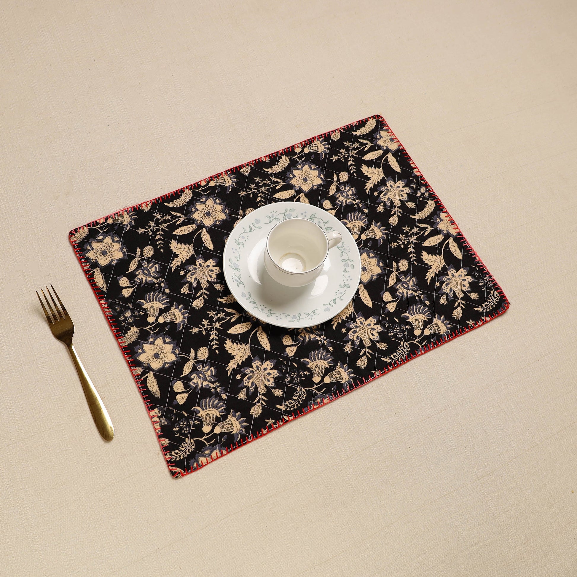 Black - Hand Embroidered Floral Cotton Reversible Table Mat 32