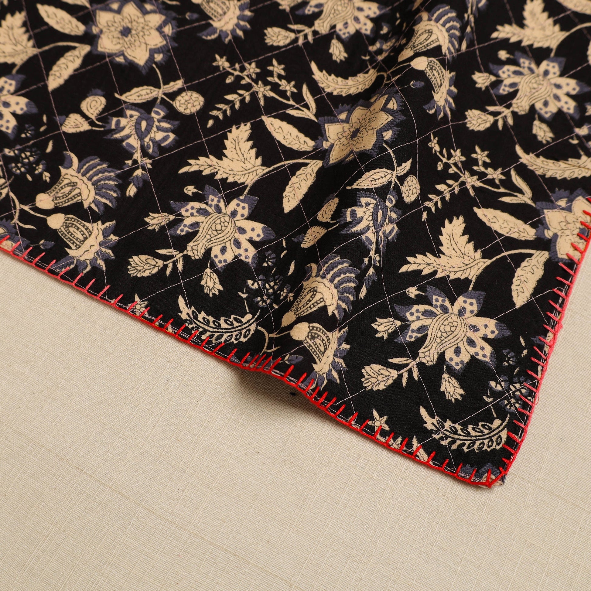 Black - Hand Embroidered Floral Cotton Reversible Table Mat 32