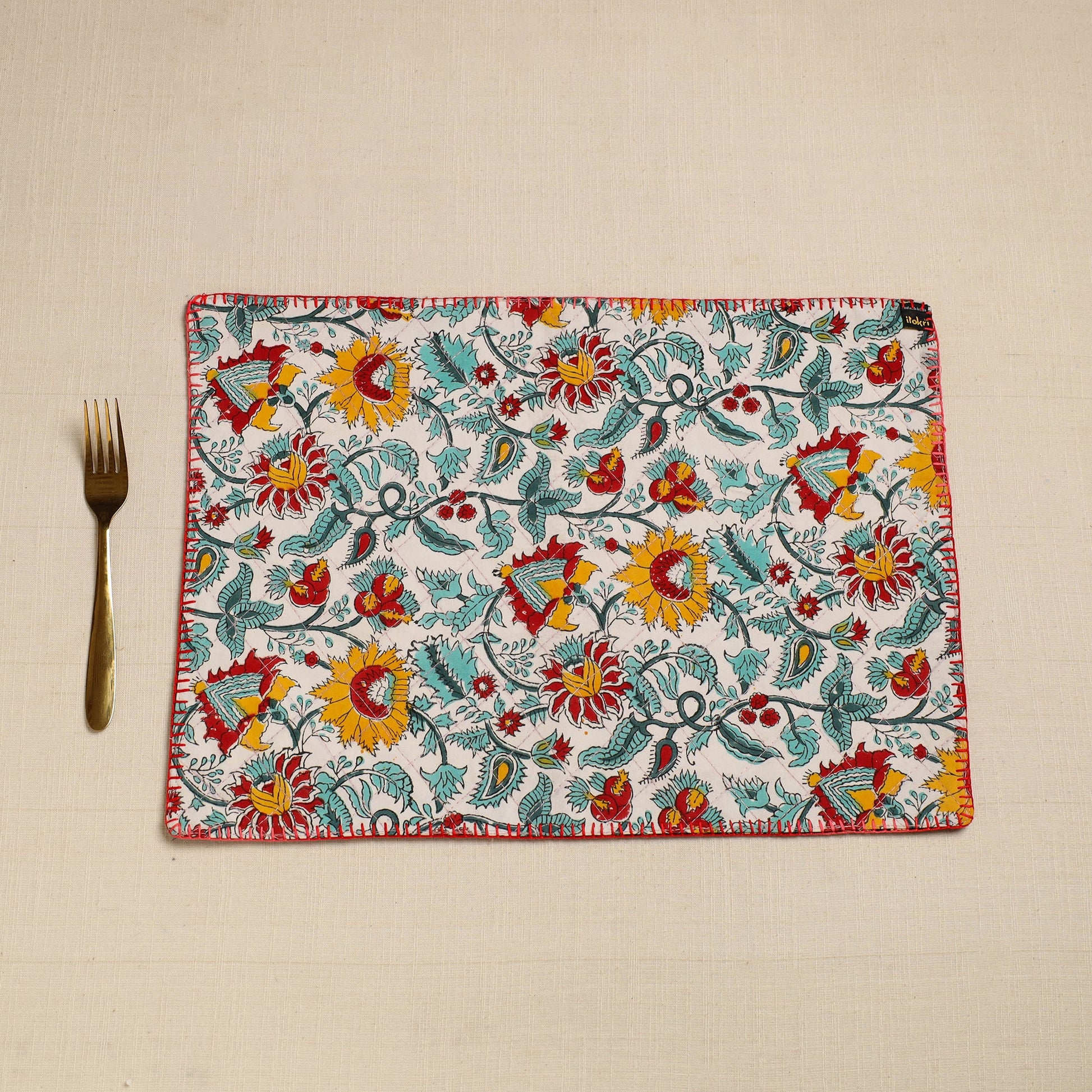 Black - Hand Embroidered Floral Cotton Reversible Table Mat 32