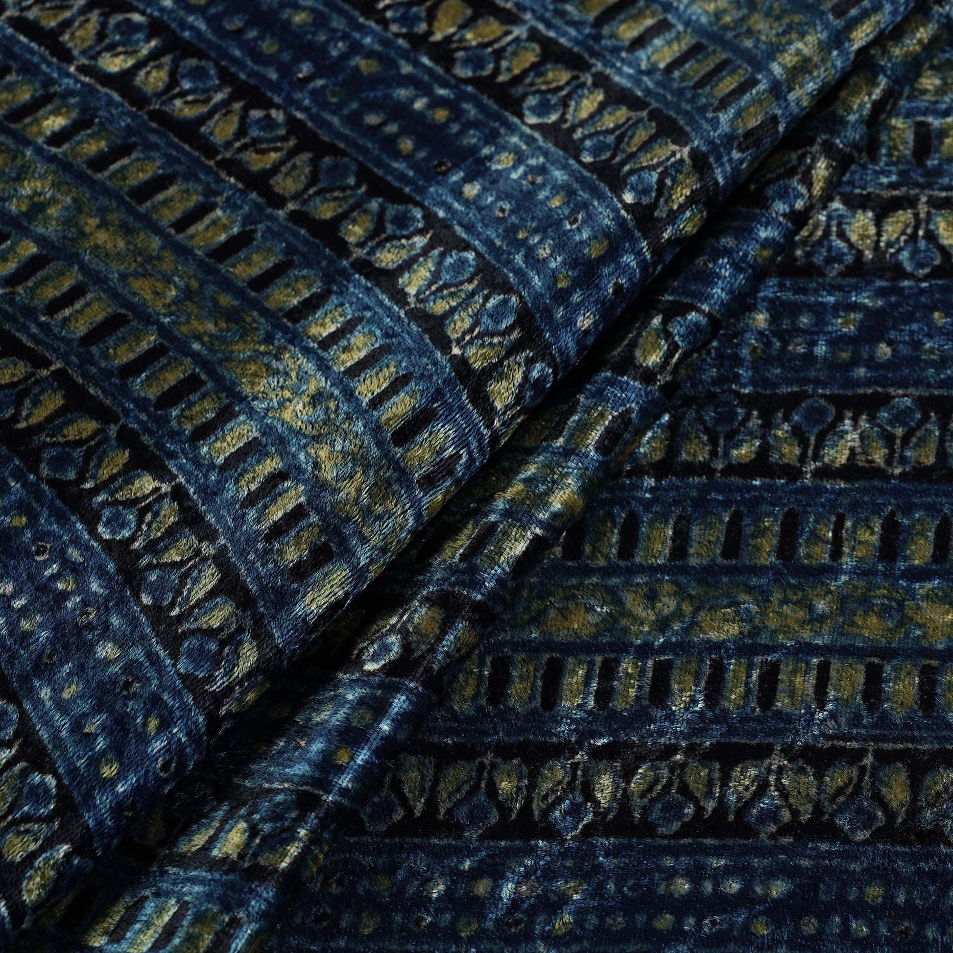 Blue - Block Printed Velvet Natural Dyed Ajrakh Fabric 10