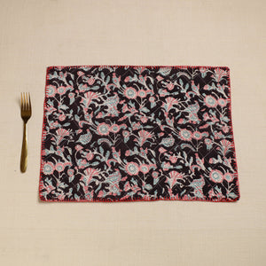 Black - Hand Embroidered Floral Cotton Reversible Table Mat 34