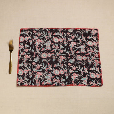 Black - Hand Embroidered Floral Cotton Reversible Table Mat 34