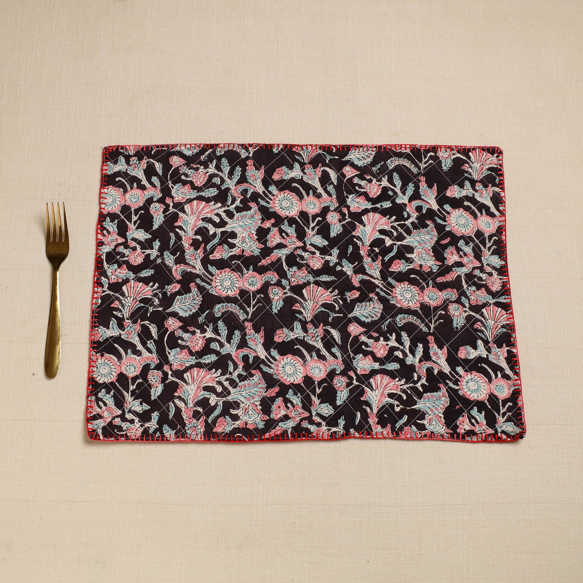Black - Hand Embroidered Floral Cotton Reversible Table Mat 34