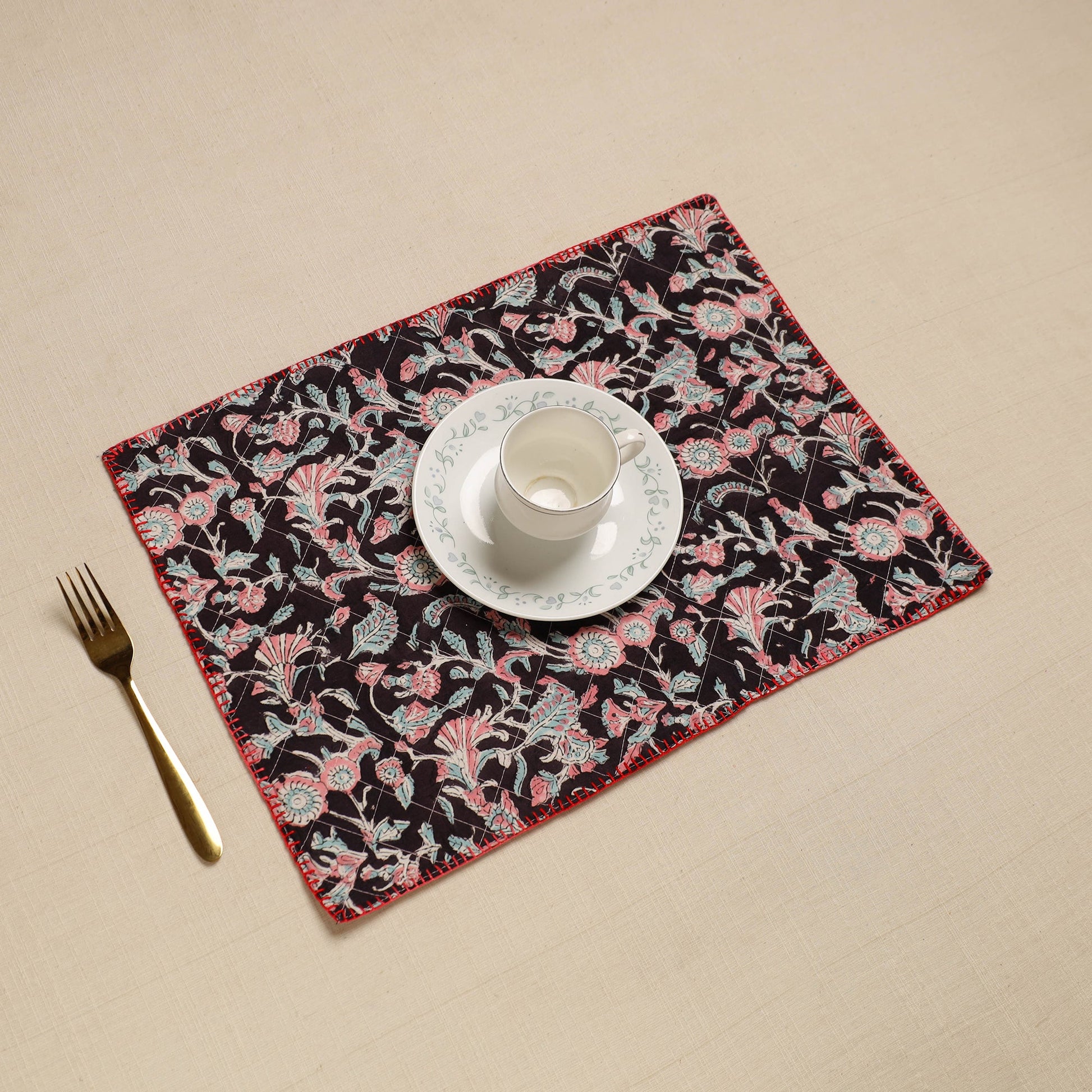 Black - Hand Embroidered Floral Cotton Reversible Table Mat 34