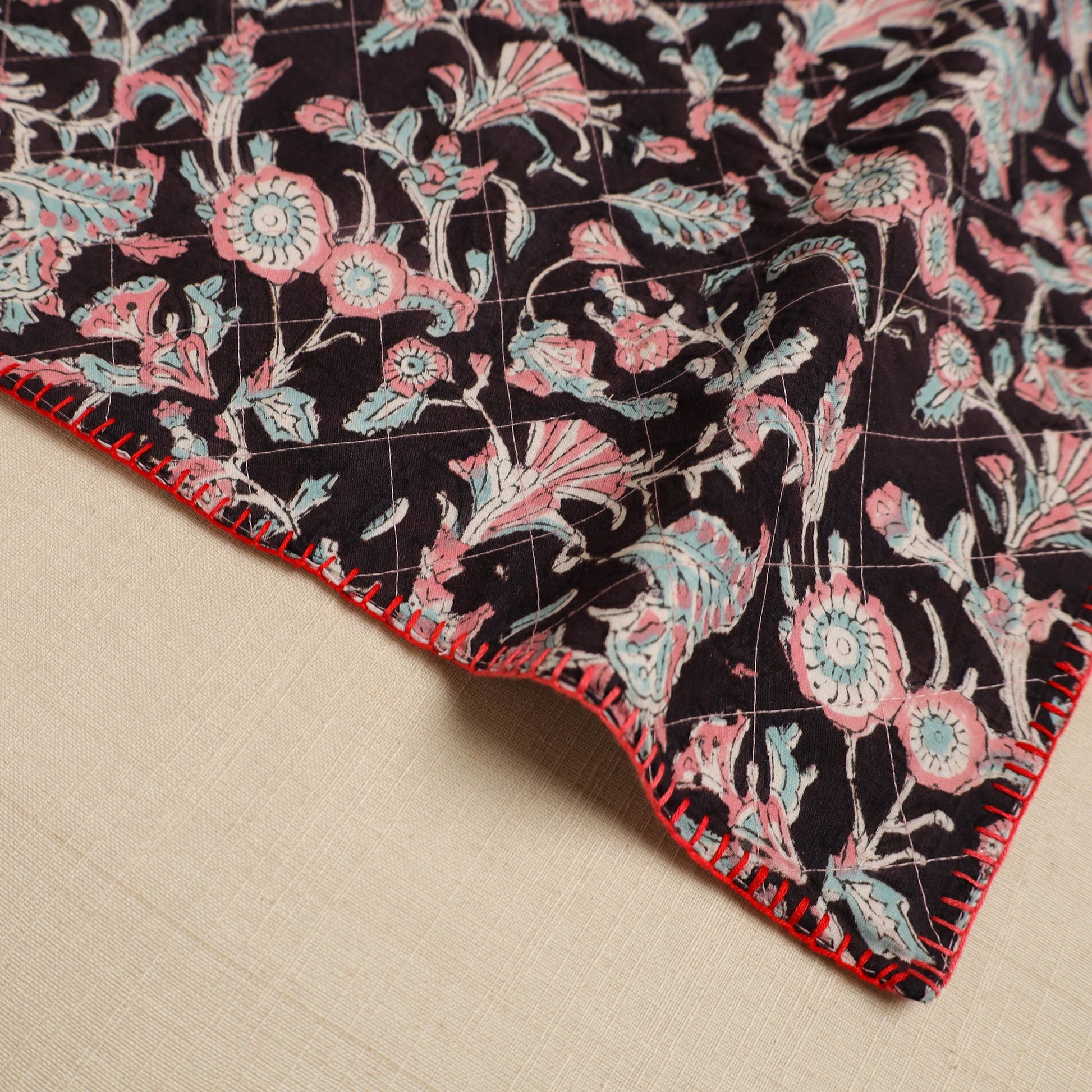 Black - Hand Embroidered Floral Cotton Reversible Table Mat 34
