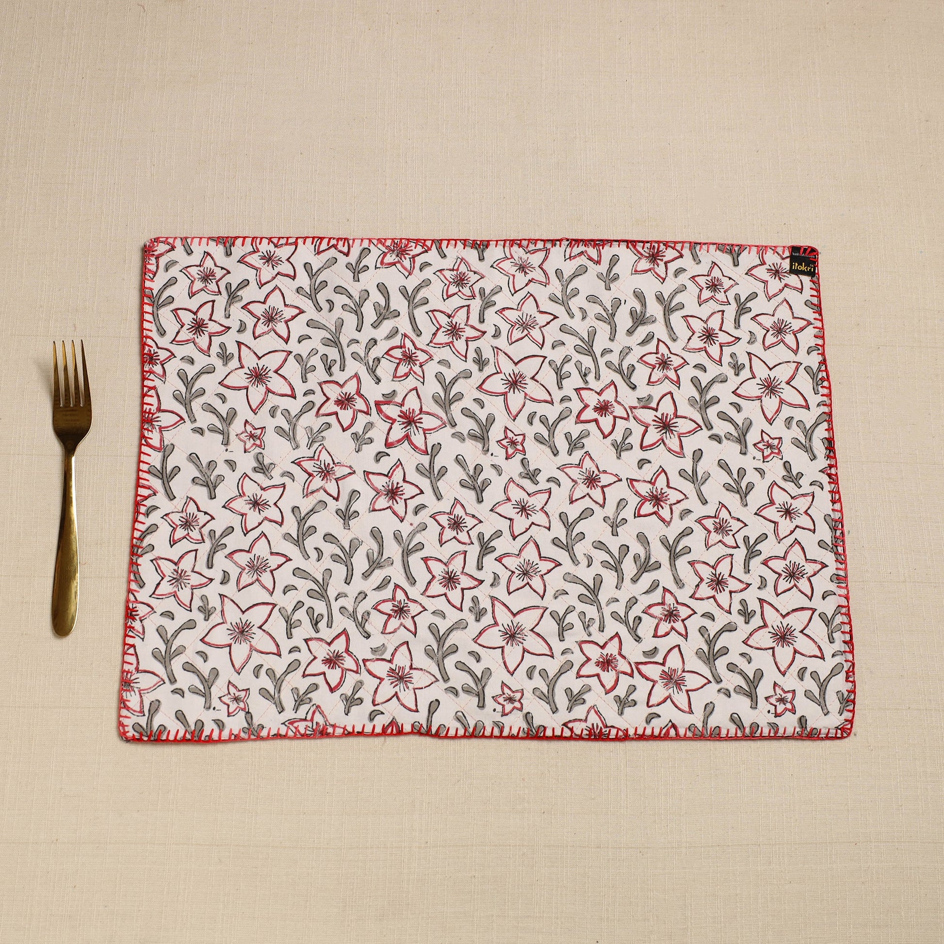 Black - Hand Embroidered Floral Cotton Reversible Table Mat 34