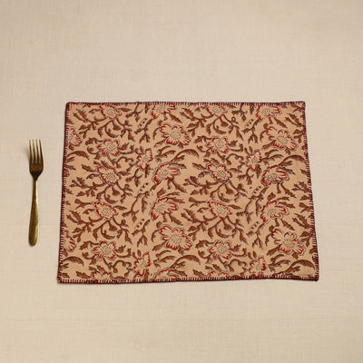 Brown - Hand Embroidered Floral Cotton Reversible Table Mat 45