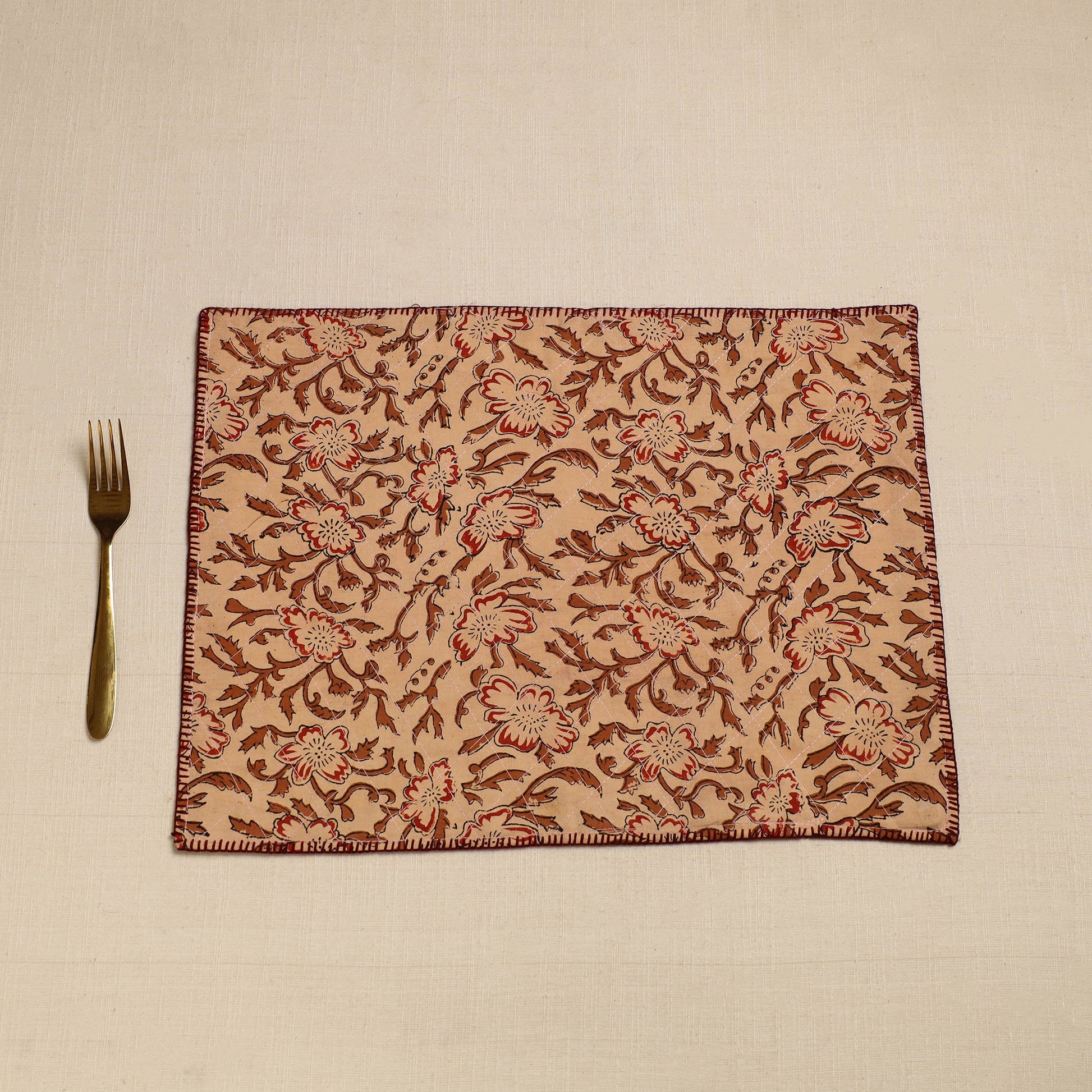Brown - Hand Embroidered Floral Cotton Reversible Table Mat 45