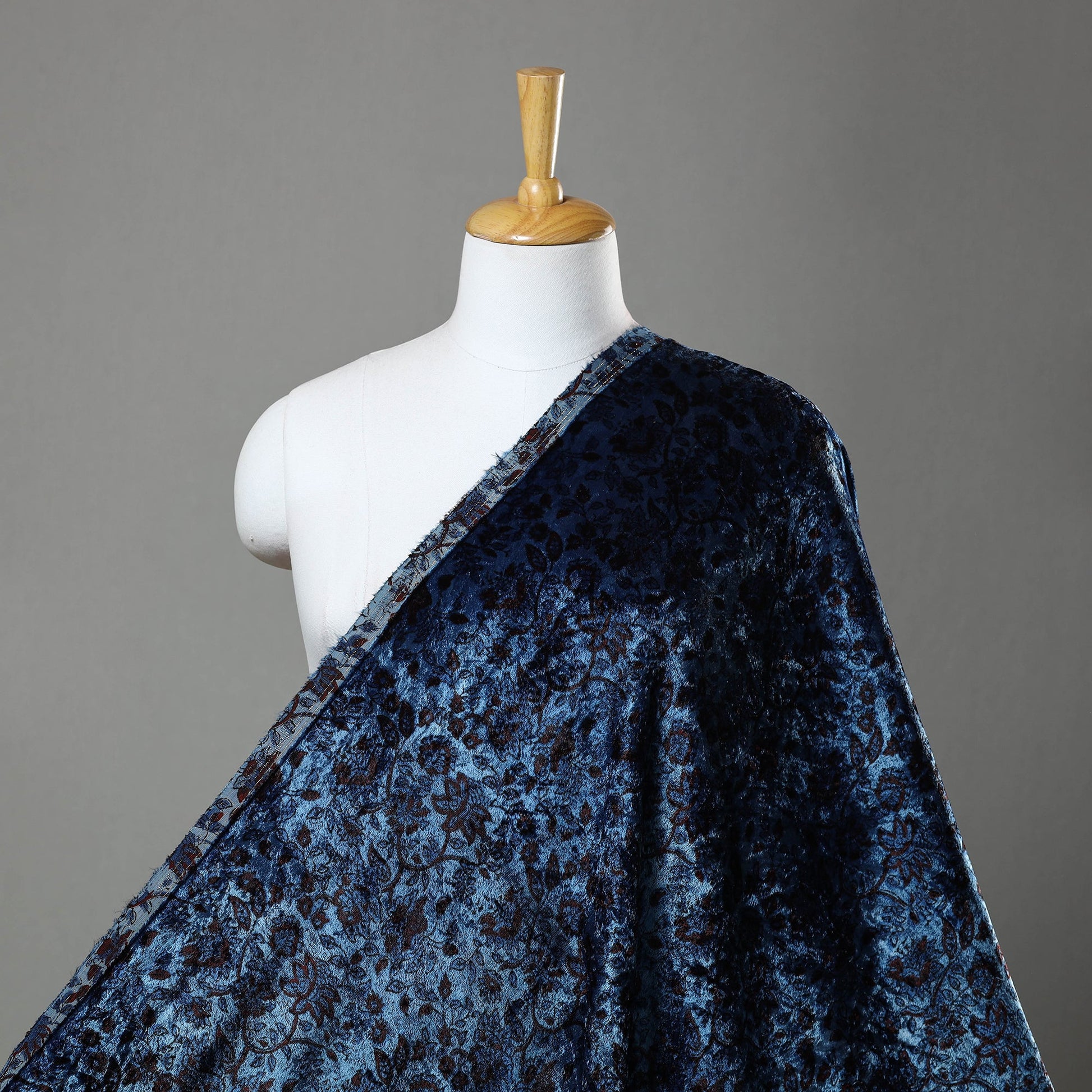 Blue - Block Printed Velvet Natural Dyed Ajrakh Fabric 07