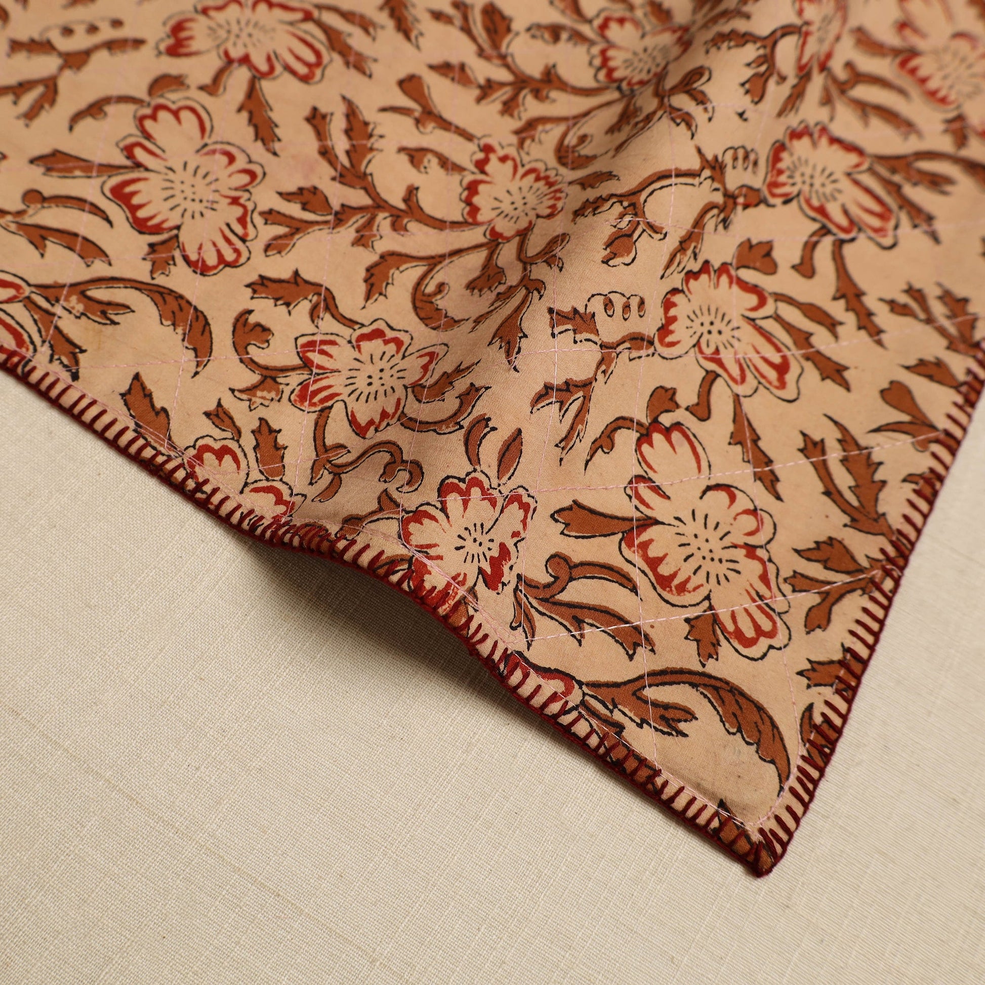 Brown - Hand Embroidered Floral Cotton Reversible Table Mat 45