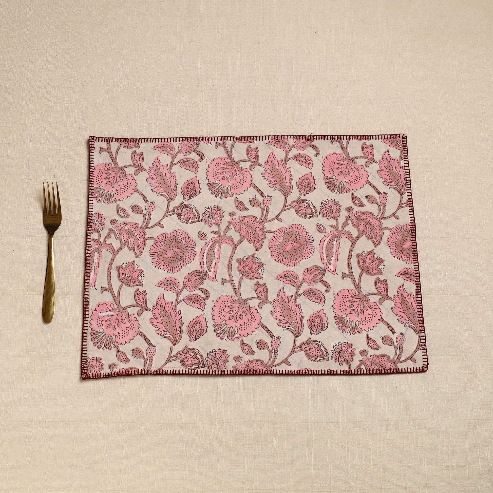 Brown - Hand Embroidered Floral Cotton Reversible Table Mat 45