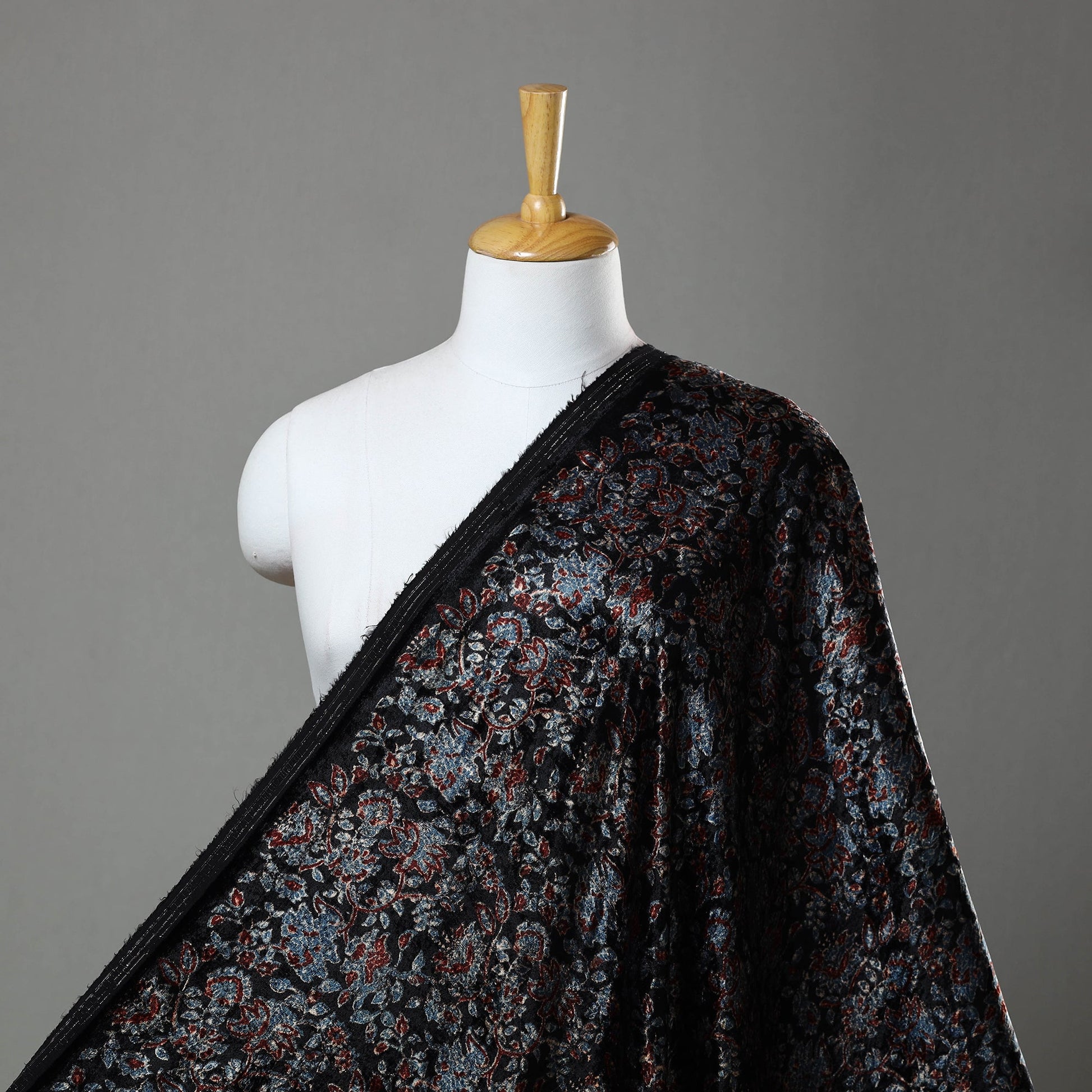 Black - Block Printed Velvet Natural Dyed Ajrakh Fabric 11