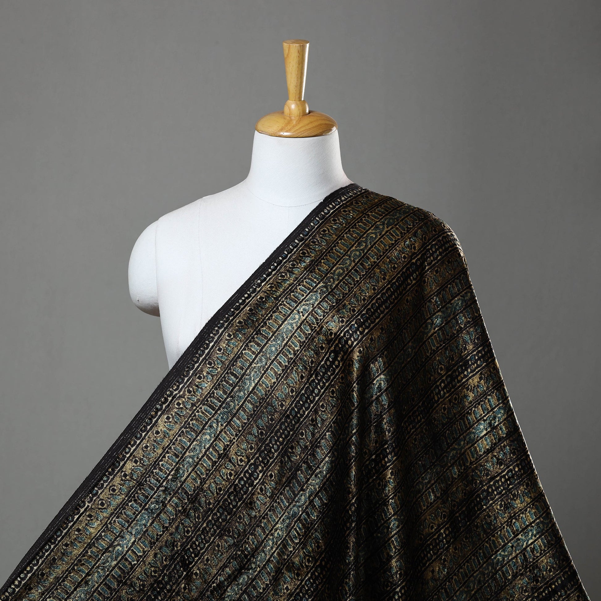 Brown - Block Printed Velvet Natural Dyed Ajrakh Fabric 03