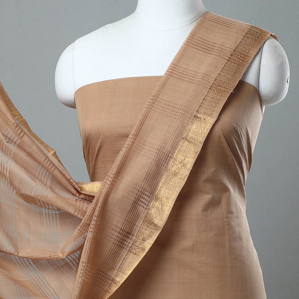 Brown - 3pc Handloom Cotton Mangalagiri Dress Material 04