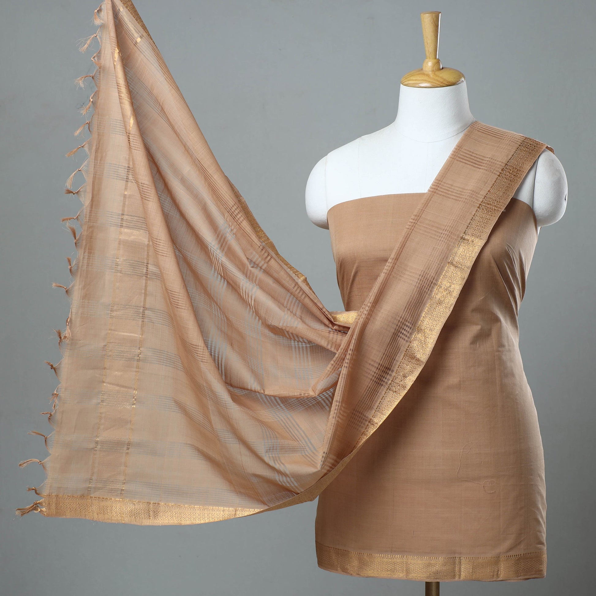 Brown - 3pc Handloom Cotton Mangalagiri Dress Material 04