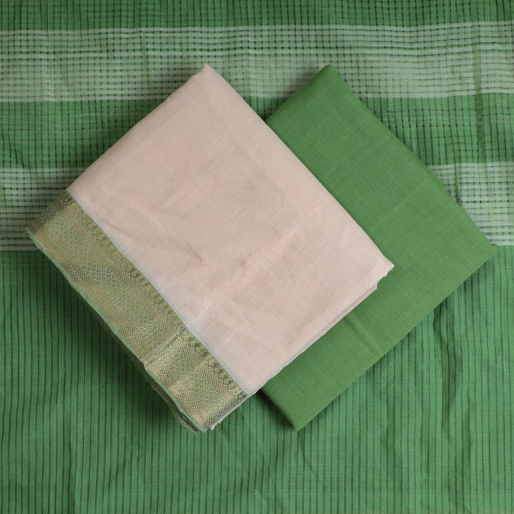 Beige - 3pc Handloom Cotton Mangalagiri Dress Material 01