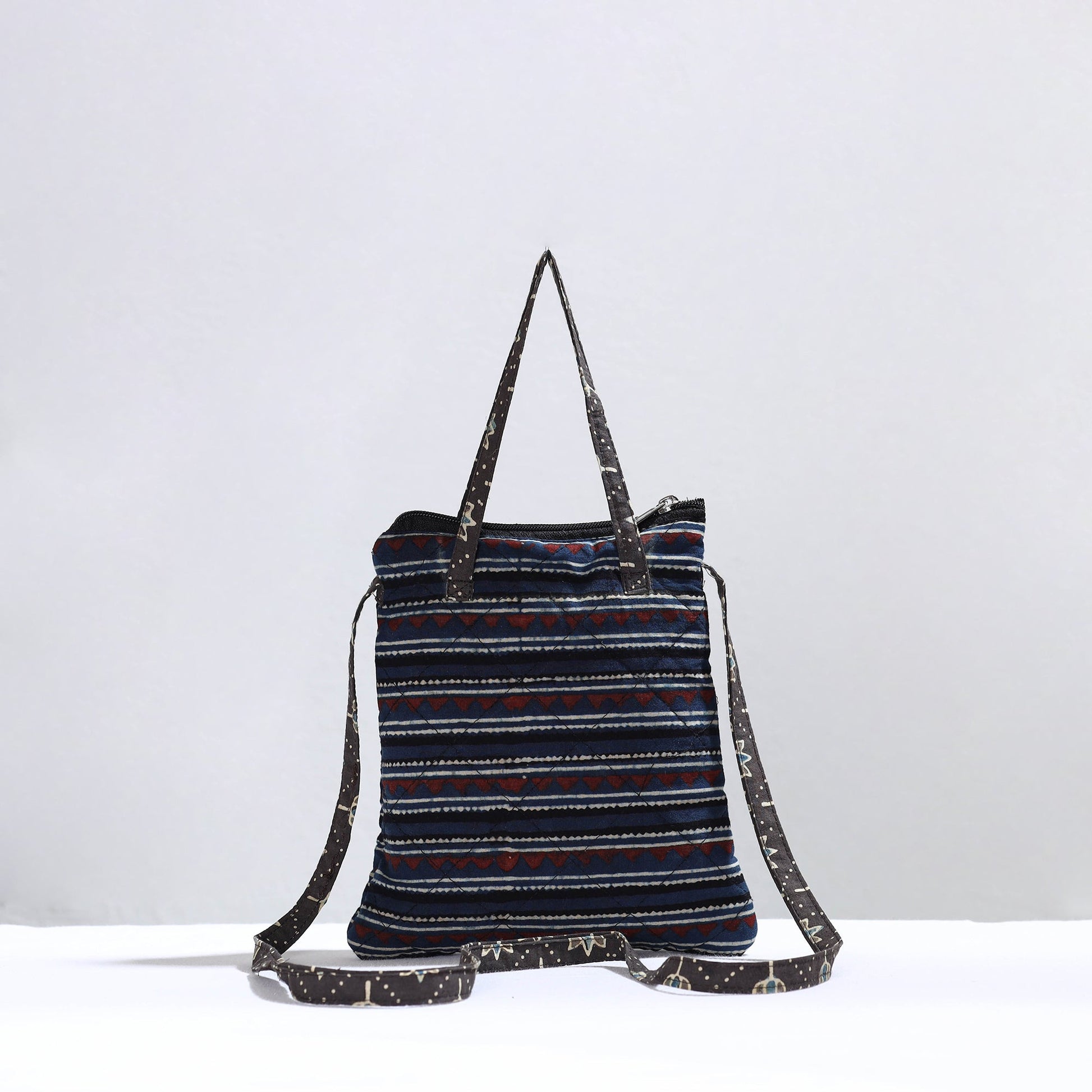Black - Handmade Quilted Cotton Ajrakh Block Printed Sling Bag 05