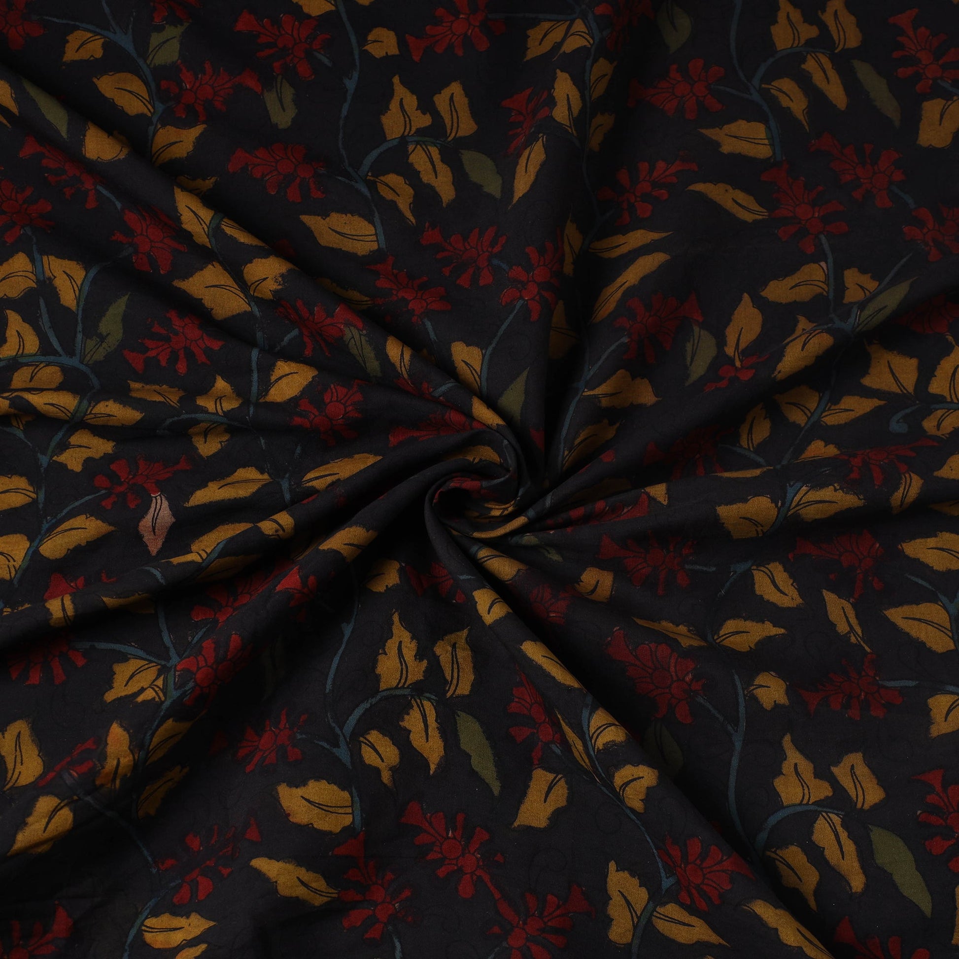 Black - Silk Handpainted Srikalahasti Pen Kalamkari Fabric 01