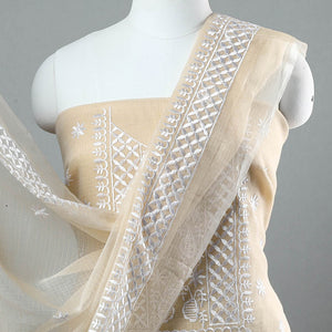 Beige - 3pc Kota Doria Cotton Embroidered Suit Material Set 12